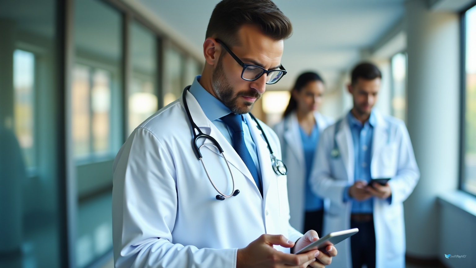 physician using smartphone app to duplicate subsequent day billing charges with one tap during weekend hospital rounds eliminating redundant data entry and saving minutes per patient